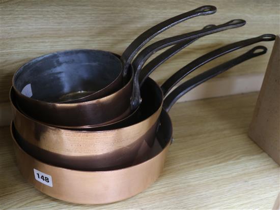Five 19th century French copper saucepans